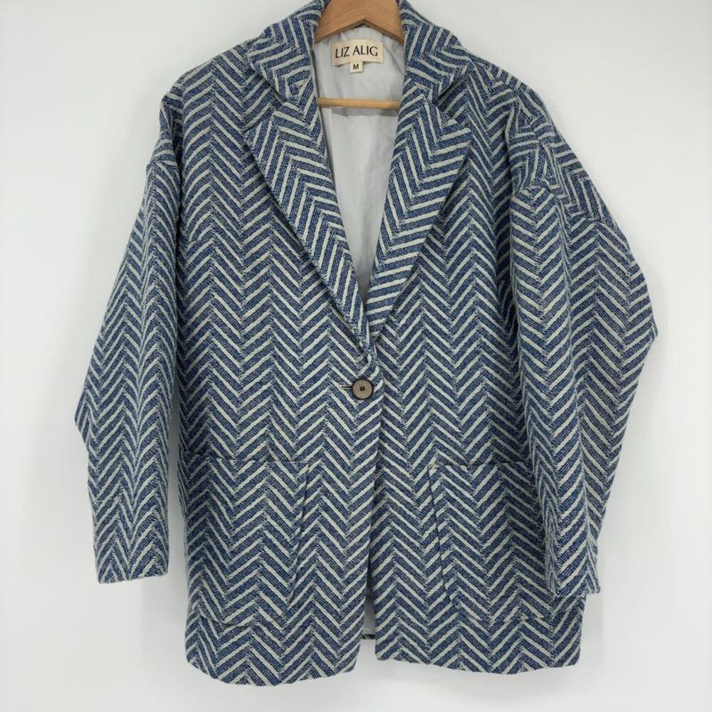 Liz Alig Blue White Herringbone Oversized Blazer Coat